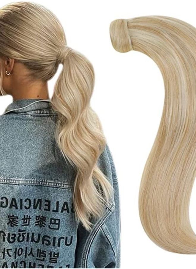 RUNATURE - Human Hair Ponytail Extension Blonde Ponytail Human Hair Extensions Short Hairpiece Ash Blonde with Platinum Blonde Straight Clip in Ponytail Hair Extension Real Hair Wrap Around 14 Inch 70g - Image 1