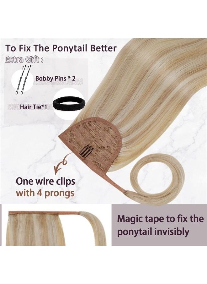 RUNATURE - Human Hair Ponytail Extension Blonde Ponytail Human Hair Extensions Short Hairpiece Ash Blonde with Platinum Blonde Straight Clip in Ponytail Hair Extension Real Hair Wrap Around 14 Inch 70g - Image 1