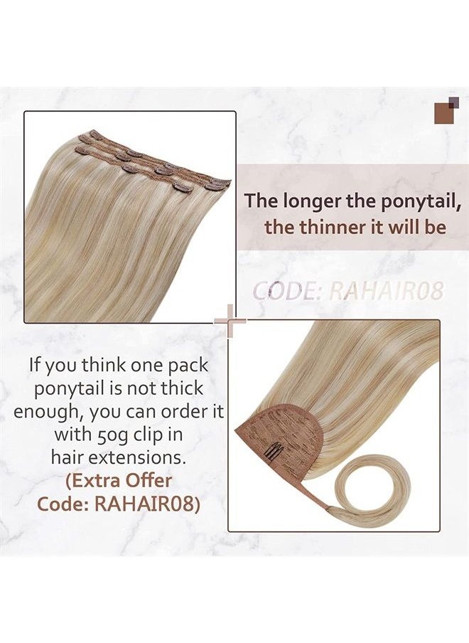 RUNATURE - Human Hair Ponytail Extension Blonde Ponytail Human Hair Extensions Short Hairpiece Ash Blonde with Platinum Blonde Straight Clip in Ponytail Hair Extension Real Hair Wrap Around 14 Inch 70g - Image 1
