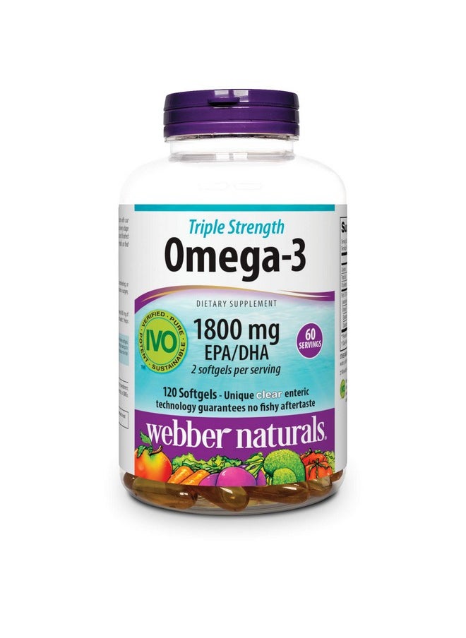 Webber naturals Triple Strength Omega3 Fish Oil 1800 Mg Omega3 (1200 Mg Epa / 600 Mg Dha) Per Serving 120 Clear Enteric Softgels No Fishy Aftertaste For Heart Brain And Joint Health  - Image 1
