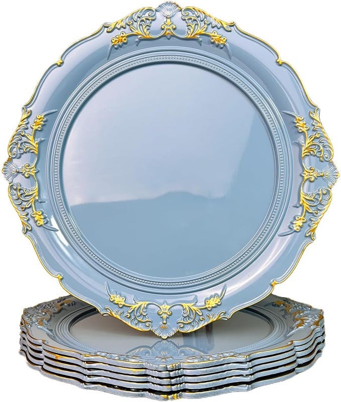 BLUE CHARGER PLATES 13 INCH EMBOSSED CHARGERS FOR DINNER PLATES PLASTIC CHARGER FOR WEDDING PARTY SET OF 6