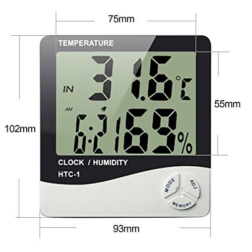 MCP Digital Room Thermometer for Temperature & Humidity with Alarm Clock, Wall Mount or Table Top (HTC-1) - Image 2