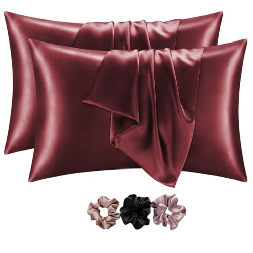 Go well Satin Silk Pillow Covers Pack of 2 for Hair and Skin-with Satin Scrunchies for Women Stylish|Satin Pillow Cover for Hair and Skin|scrunchies for Women 3-Piece|Silk Pillow case(Maroon) 600TC - Image 1