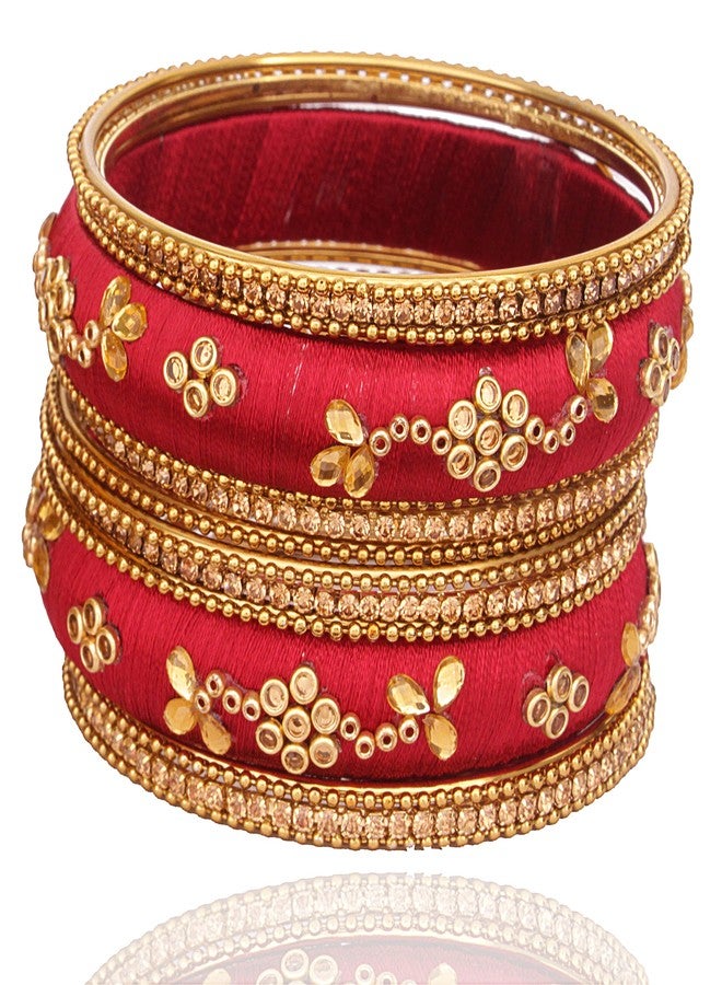 ZULKA Get your traditions Metal and Silk Thread with Zircon Gemstone Or Flower Shaped and Linked with Ball Chain Bangle Set For Women and Girls, (Maroon_2.4 Inches), Pack Of 14 Bangle Set - Image 1