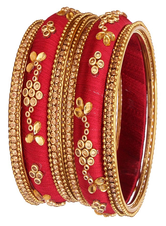 ZULKA Get your traditions Metal and Silk Thread with Zircon Gemstone Or Flower Shaped and Linked with Ball Chain Bangle Set For Women and Girls, (Maroon_2.4 Inches), Pack Of 14 Bangle Set - Image 4