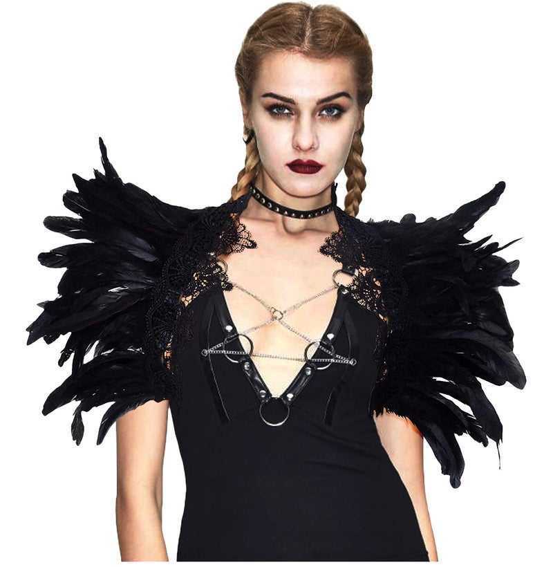 L'VOW Gothic Natural Feather Cape Shawl Shoulder Wrap Lace Collar Halloween Evil Queen Costumes for Women(Black) - Image 3