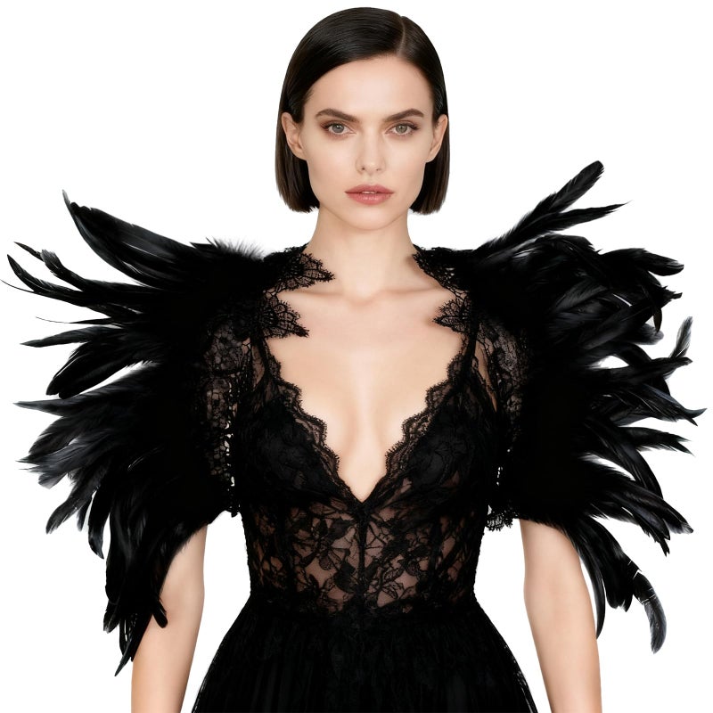 L'VOW Gothic Natural Feather Cape Shawl Shoulder Wrap Lace Collar Halloween Evil Queen Costumes for Women(Black) - Image 1