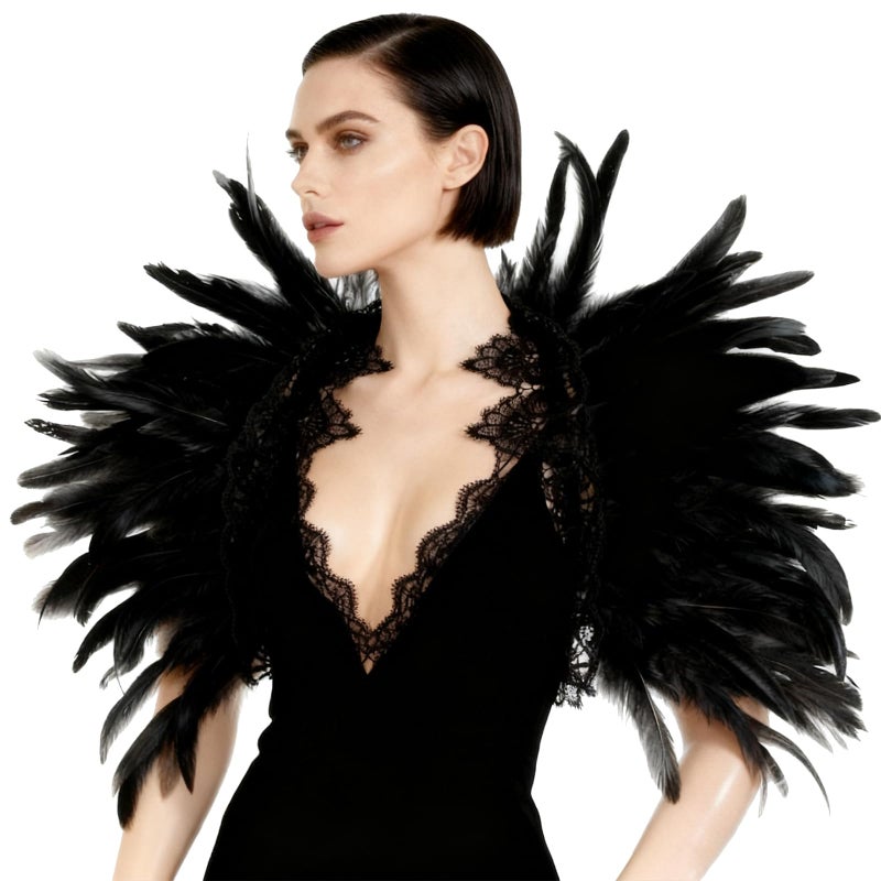 L'VOW Gothic Natural Feather Cape Shawl Shoulder Wrap Lace Collar Halloween Evil Queen Costumes for Women(Black) - Image 2