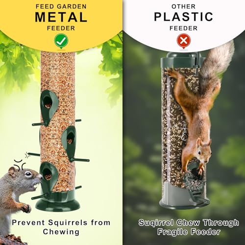 FEED GARDEN مغذيات الطيور المعدنية من FEED GARDEN للتعليق في الهواء الطلق، مغذي طيور بـ 6 منافذ، مغذيات للكناري في الهواء الطلق، مغذيات طيور مقاومة للسناجب بغطاء معدني قوي، مقاومة للمضغ، 13 بوصة باللون الأخضر - Image 3
