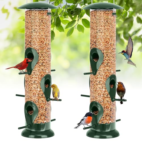 FEED GARDEN مغذيات الطيور المعدنية من FEED GARDEN للتعليق في الهواء الطلق، مغذي طيور بـ 6 منافذ، مغذيات للكناري في الهواء الطلق، مغذيات طيور مقاومة للسناجب بغطاء معدني قوي، مقاومة للمضغ، 13 بوصة باللون الأخضر - Image 1