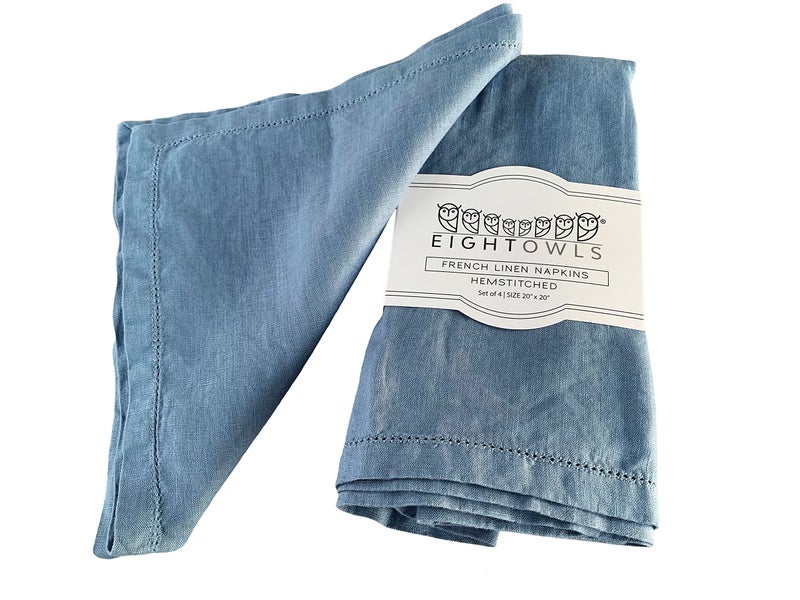 Eight Owls Hemstitched Linen Napkins - 20 Inch x 20 Inch - Stonewashed Pure Linen Cloth Dinner Napkins with Mitered Corners - 100% French Flax - Machine Washable - Set of 4 (Dusty Pastel Blue) - Image 1