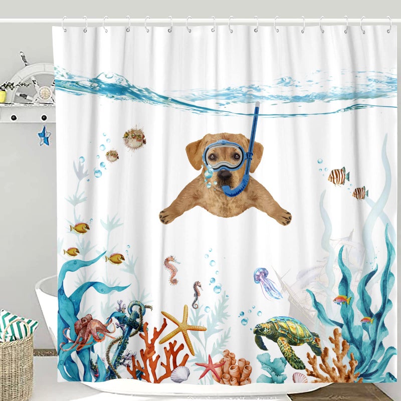 Fowocu Funny Dog Shower Curtain Set Teal Blue Sea Ocean Waterproof Fabric with Animal Octopus Starfish Turtle Anchor Fish Nautical Bathroom Curtain Decor (Orange  72''?72'') - Image 1