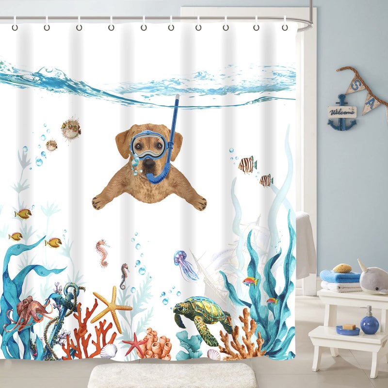 Fowocu Funny Dog Shower Curtain Set Teal Blue Sea Ocean Waterproof Fabric with Animal Octopus Starfish Turtle Anchor Fish Nautical Bathroom Curtain Decor (Orange  72''?72'') - Image 3