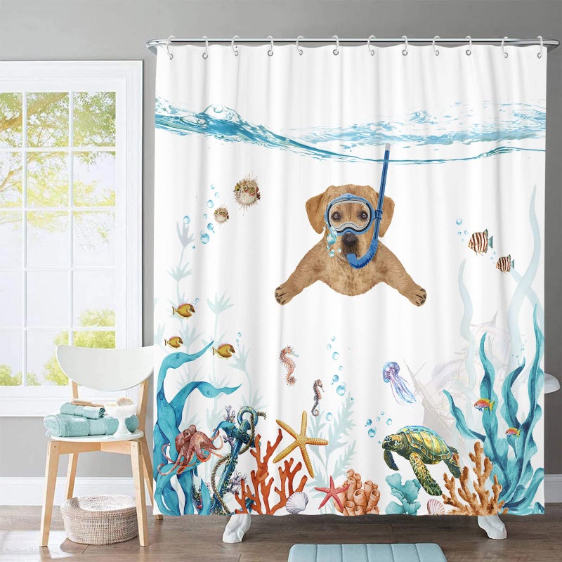 Fowocu Funny Dog Shower Curtain Set Teal Blue Sea Ocean Waterproof Fabric with Animal Octopus Starfish Turtle Anchor Fish Nautical Bathroom Curtain Decor (Orange  72''?72'') - Image 4