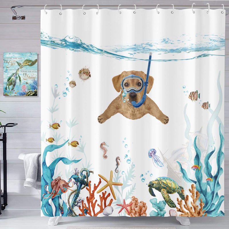 Fowocu Funny Dog Shower Curtain Set Teal Blue Sea Ocean Waterproof Fabric with Animal Octopus Starfish Turtle Anchor Fish Nautical Bathroom Curtain Decor (Orange  72''?72'') - Image 2