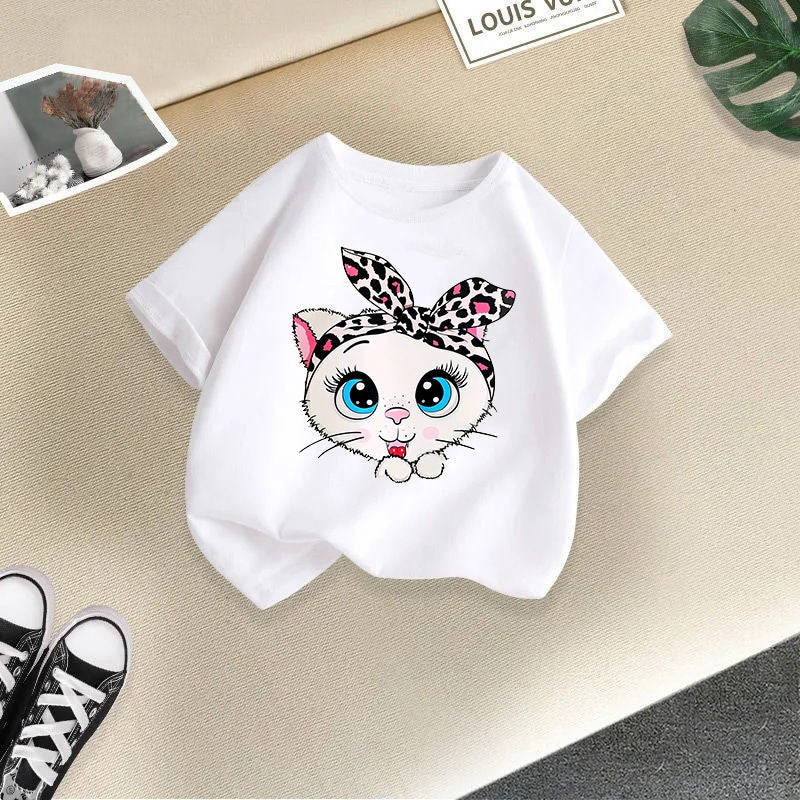 2026 New Girls' Short-Sleeved Children'S T-Shirt With Cute Cat Print, Korean Style Top For Young Children, Summer Fashion Trend - Image 1