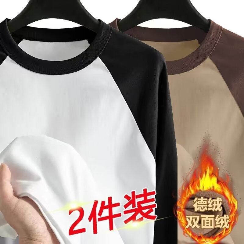 Boys Raglan Sleeve Long-Sleeved T-Shirt With Fleece Base Shirt Trendy Brand Loose All-Match Men'S Half-High Collar Sweater Winter - Image 1