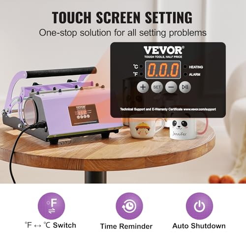 VEVOR Tumbler Heat Press Machine, 11-30oz Mug Press, Heat Up Fast and Even, Tumbler Press with Sublimation Paper, Tape and Gloves, Temp and Time Setting, for Sublimation Tumblers, Cups, Mugs, Purple - Image 3