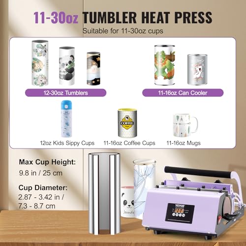 VEVOR Tumbler Heat Press Machine, 11-30oz Mug Press, Heat Up Fast and Even, Tumbler Press with Sublimation Paper, Tape and Gloves, Temp and Time Setting, for Sublimation Tumblers, Cups, Mugs, Purple - Image 2