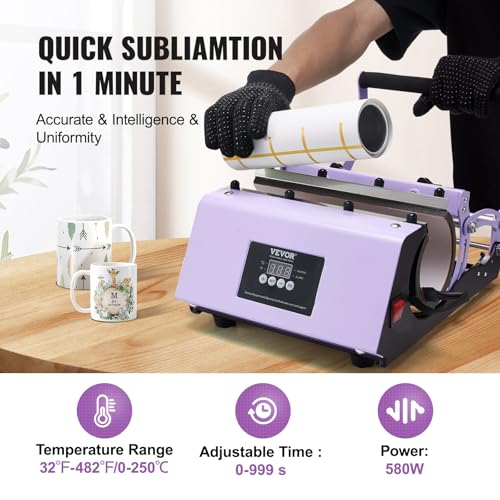 VEVOR Tumbler Heat Press Machine, 11-30oz Mug Press, Heat Up Fast and Even, Tumbler Press with Sublimation Paper, Tape and Gloves, Temp and Time Setting, for Sublimation Tumblers, Cups, Mugs, Purple - Image 4