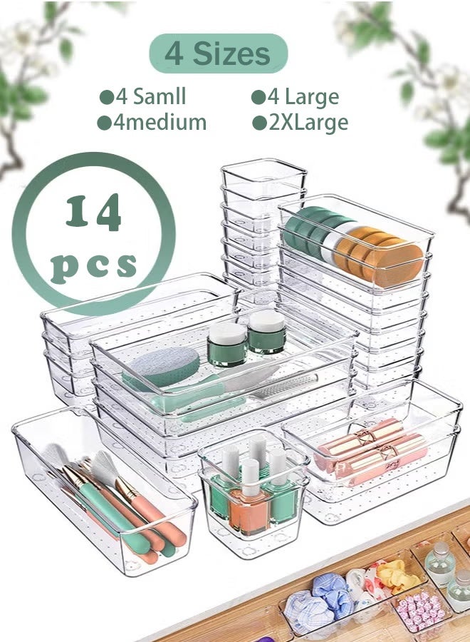 14 قطعة مكتب الدرج المنظمين علبة ، 4 أحجام سلالات تخزين الدرج البلاستيكية للمطبخ حمام غرفة النوم أدوات المكتب المكياج المجوهرات الأدوات - Image 1