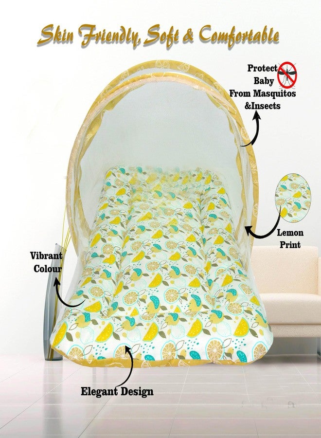 Toddylon Baby Gift Pack Set - 4 in - Combo with Mosquito Net, Carry Bag, Gaddi Set - Reversible - Soft Cotton - Fruit Print - for 0-6 Months Newborn Boys - Girls (Brown) - Image 3