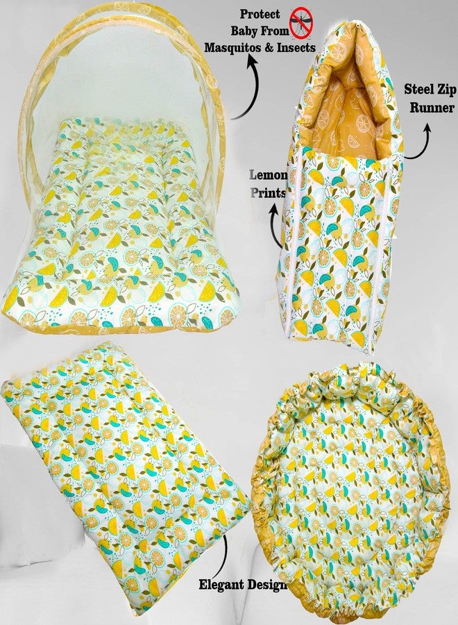 Toddylon Baby Gift Pack Set - 4 in - Combo with Mosquito Net, Carry Bag, Gaddi Set - Reversible - Soft Cotton - Fruit Print - for 0-6 Months Newborn Boys - Girls (Brown) - Image 2