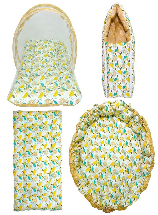 Toddylon Baby Gift Pack Set - 4 in - Combo with Mosquito Net, Carry Bag, Gaddi Set - Reversible - Soft Cotton - Fruit Print - for 0-6 Months Newborn Boys - Girls (Brown) - Image 1