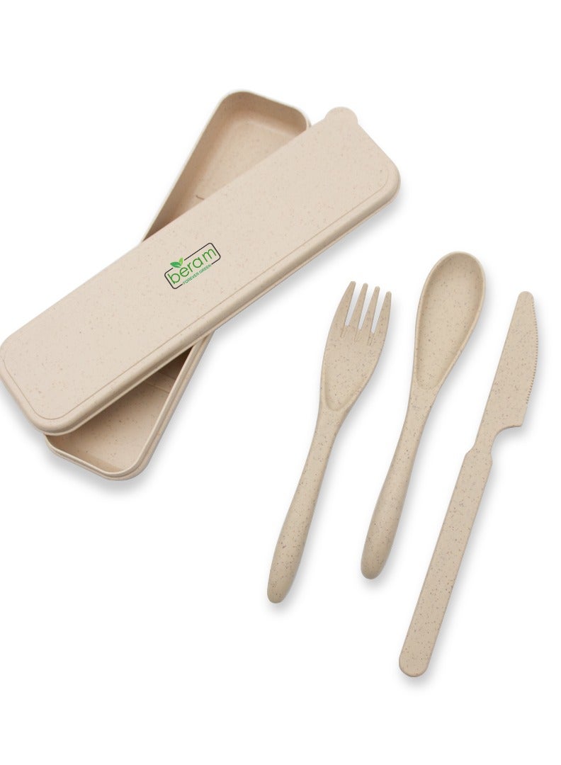 Beram Wheat Straw Cutlery Set, Daily Use Tableware, Set of 3 with Travel Case, Portable Flatware  - Image 1