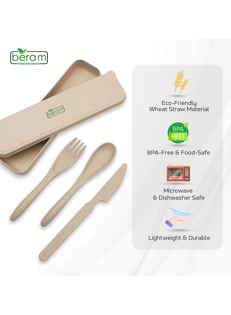 Beram Wheat Straw Cutlery Set, Daily Use Tableware, Set of 3 with Travel Case, Portable Flatware  - Image 2
