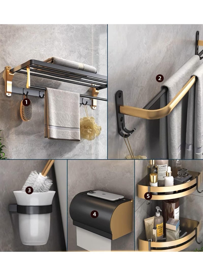 مونوج مجموعة أدوات الحمام المكونة من 5 قطع وحامل المناشف ورف المناشف وسلة تعليق مزدوجة على الحائط وصندوق مناديل مقاوم للماء وفرشاة المرحاض. - Image 1