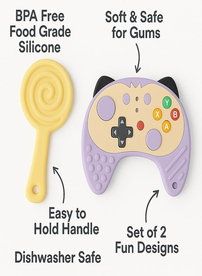 DTR Creation Silicone Baby Teether Pack of 2 | Game Controller & Lollipop Shape | Soft BPA Free Food-Grade Silicone | Easy to Hold | Teether for 0–3 Years Babies - Image 3
