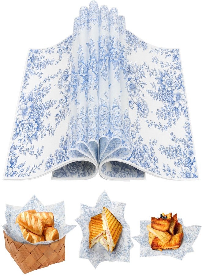 LOAVER 150 Pcs Blue Floral Wax Paper Sheets for Food,Chinoiserie Flower Greaseproof Wrapping Tissue Deli Parchment Baking Paper for Cookies Picnic Sandwich Liners Kicthen Supplies(8.66 x 9.84 Inch) - Image 1