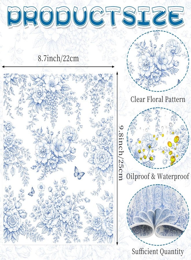LOAVER 150 Pcs Blue Floral Wax Paper Sheets for Food,Chinoiserie Flower Greaseproof Wrapping Tissue Deli Parchment Baking Paper for Cookies Picnic Sandwich Liners Kicthen Supplies(8.66 x 9.84 Inch) - Image 2