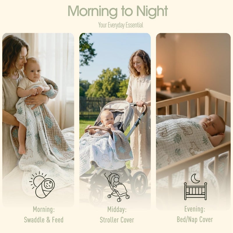 HardNok Ultra Soft Muslin Baby Blanket, A Versatile Swaddle and Bed Blanket for Babies, Toddlers, Boys, and Girls (Forest Elephant 1 Pack). - Image 4