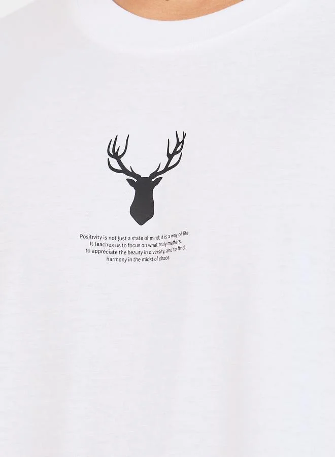 Styli Reindeer Graphic Oversized T-Shirt with Sleeve Badge