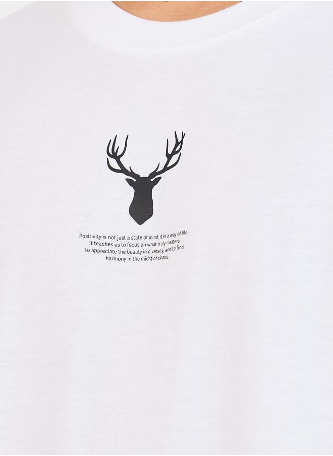 Styli Reindeer Graphic Oversized T-Shirt with Sleeve Badge  - Image 3