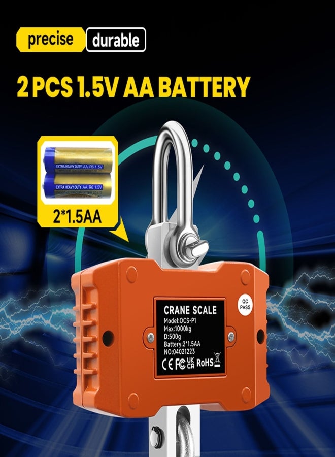 برسايذ اي ميزان معلق، ميزان رافعة رقمي 1000 كجم (2204 رطل)، ميزان رافعة صناعي عالي التحمل مزود بإضاءة خلفية LCD مع تغيير الوحدة/تثبيت البيانات/الوزن الصافي/الصفر لموقع البناء والسفر والسوق وصيد الأسماك - Image 4