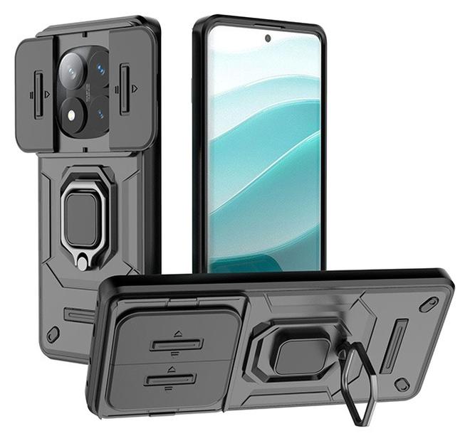 Xiaomi Redmi Note 14 Pro 5G/ Xiaomi POCO X7 5G Case, Shockproof Case, Anti-Fall Drop Protection, Built-in Slide Anti-Scratch Camera Lens Cover, Integrated 360 Degree Rotating Ring Kickstand, Black