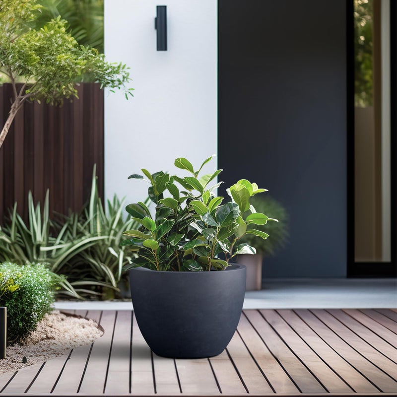 Kante 14.2 Inch Round Concrete Planter - Classic Large Indoor/Outdoor Plant Pot with Drainage Hole and Rubber Plug, Suitable for Gardens and Patios, Charcoal - Image 4