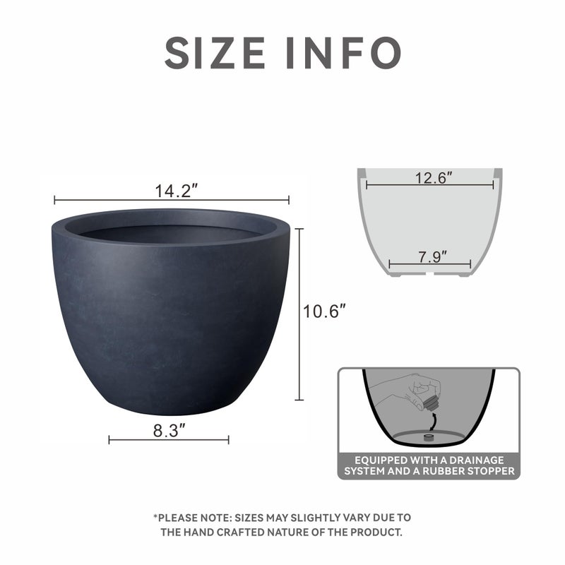 Kante 14.2 Inch Round Concrete Planter - Classic Large Indoor/Outdoor Plant Pot with Drainage Hole and Rubber Plug, Suitable for Gardens and Patios, Charcoal - Image 2