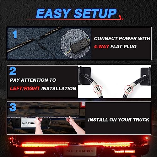 MICTUNING شريط إضاءة خلفي ثلاثي من MICTUNING مقاوم للماء مع إطار من الألمنيوم وقابس سهل التركيب - إشارة انعطاف متسلسلة باللون الكهرماني، ضوء فرامل/تشغيل أحمر، أضواء عكسية بيضاء لشاحنة البيك أب - Image 3