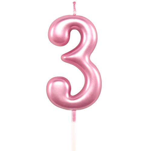 XNOVA 3rd Birthday Candle Three Years Pink Happy Birthday Number 3 Candles for Cake Topper Decoration for Party Kids Adults Numeral 30 23 37 33 13 - Image 1