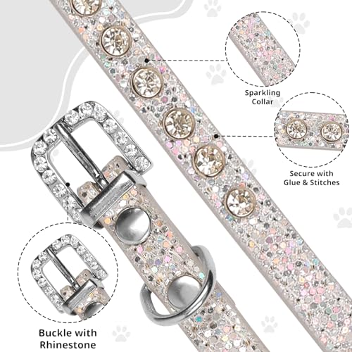 HOWWFALY Pet Bling Accessories Cat and Dog Rhinestone Collar PU Leather Adjustable Collar (Extra Small, Silver) - Image 3