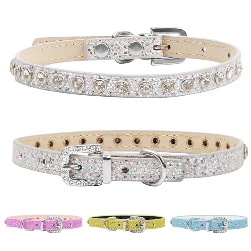 HOWWFALY Pet Bling Accessories Cat and Dog Rhinestone Collar PU Leather Adjustable Collar (Extra Small, Silver) - Image 1