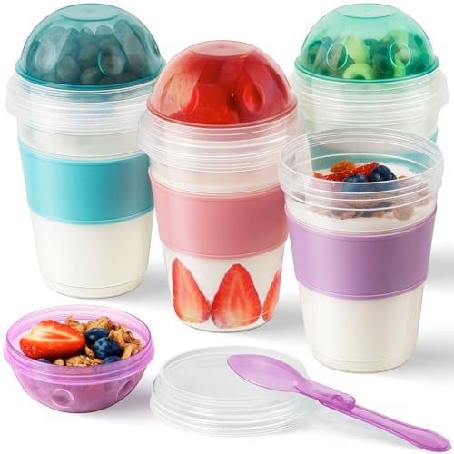 Freshmage 4 Pack 20 oz Yogurt Parfait Cups with Lids, Reusable Overnight Oats Containers with Lids, Folding Spoons and Topping Compartment for Breakfast to Go - Image 1