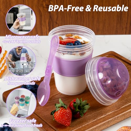 Freshmage 4 Pack 20 oz Yogurt Parfait Cups with Lids, Reusable Overnight Oats Containers with Lids, Folding Spoons and Topping Compartment for Breakfast to Go - Image 4
