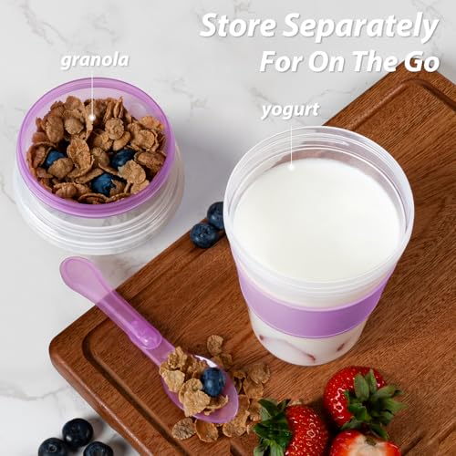 Freshmage 4 Pack 20 oz Yogurt Parfait Cups with Lids, Reusable Overnight Oats Containers with Lids, Folding Spoons and Topping Compartment for Breakfast to Go - Image 2