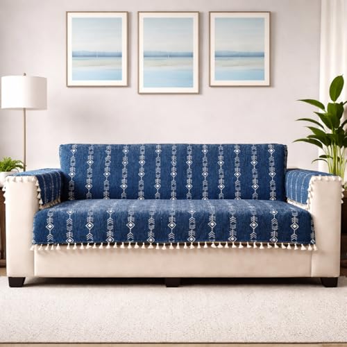 STITCHNEST Chenille Printed Sofa Cover 3 Seater with 2 Hand Rest Covers – Washable Blue Sofa Cover with Tassels – Durable Premium Fabric – Stylish Sofa Protector for Living Room & Furniture Decor - Image 1