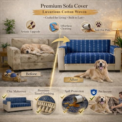 STITCHNEST Chenille Printed Sofa Cover 3 Seater with 2 Hand Rest Covers – Washable Blue Sofa Cover with Tassels – Durable Premium Fabric – Stylish Sofa Protector for Living Room & Furniture Decor - Image 4